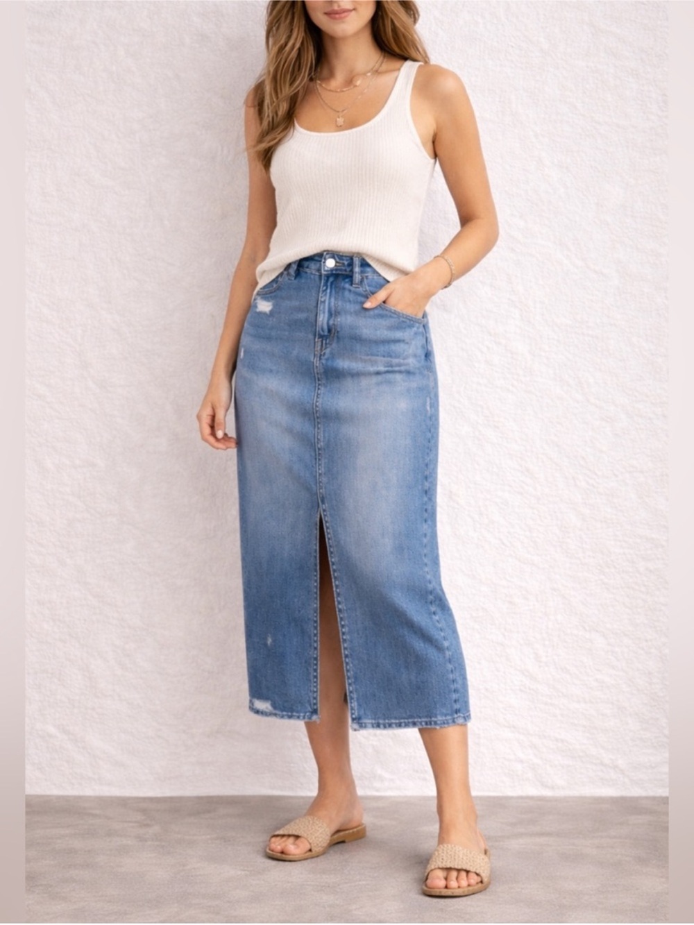 Vervet Blue Denim Midi Skirt High Rise Front Slit M